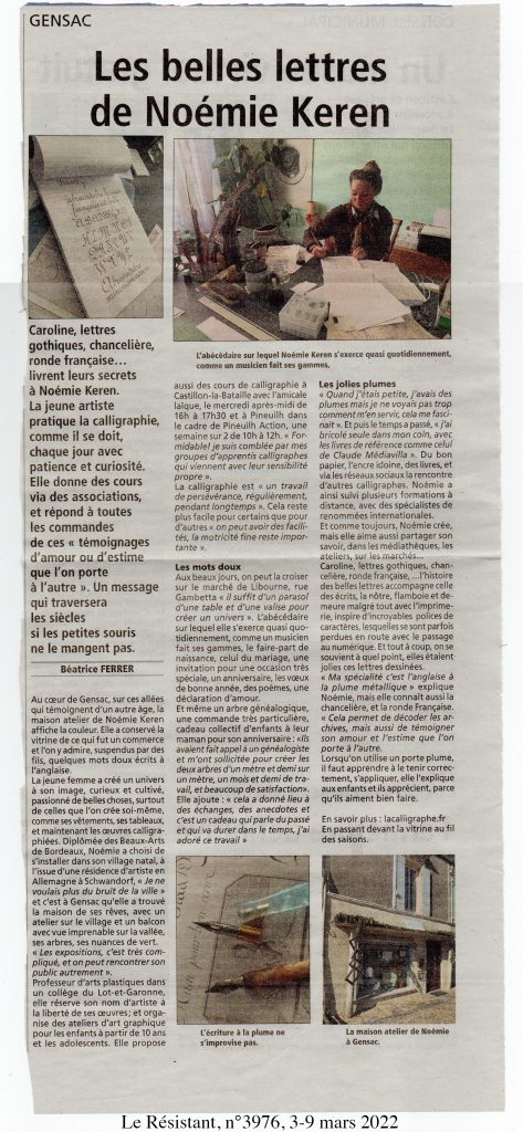 Article presse Le Résistant, Noémie Keren, artiste calligraphe, par la journaliste Béatrice Ferrer